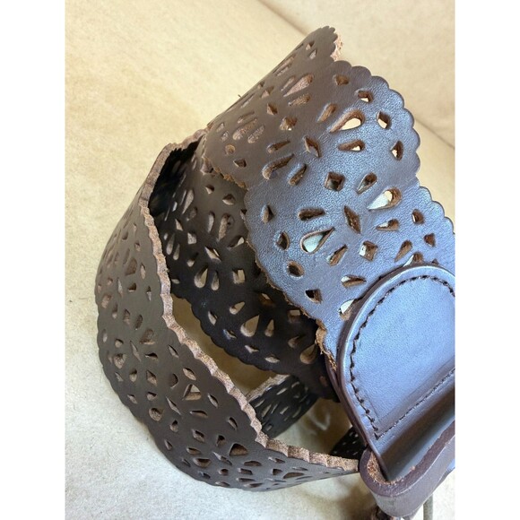 J. Jill Leaf Punch Design Wide Brown Leather Belt Hip or Waist Hippie Boho Sz M main image 7
